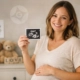Smiling pregnant woman holding an ultrasound photo in a softly lit nursery