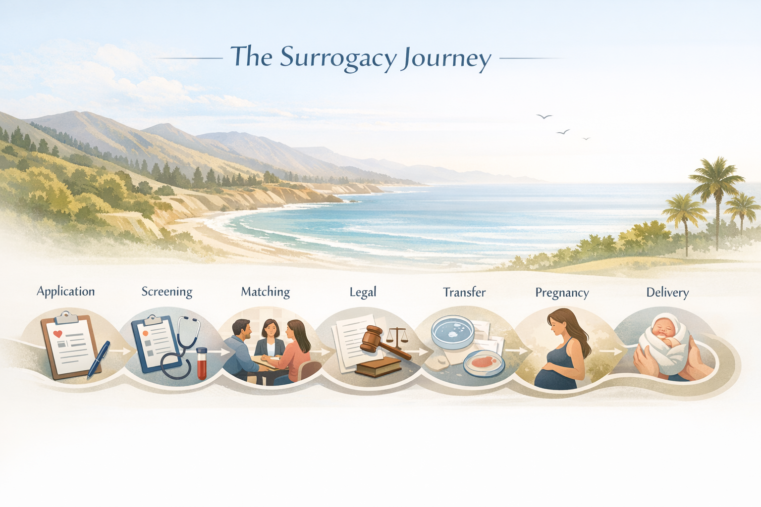 Planning-style visual showing the surrogacy process steps in California from application through delivery