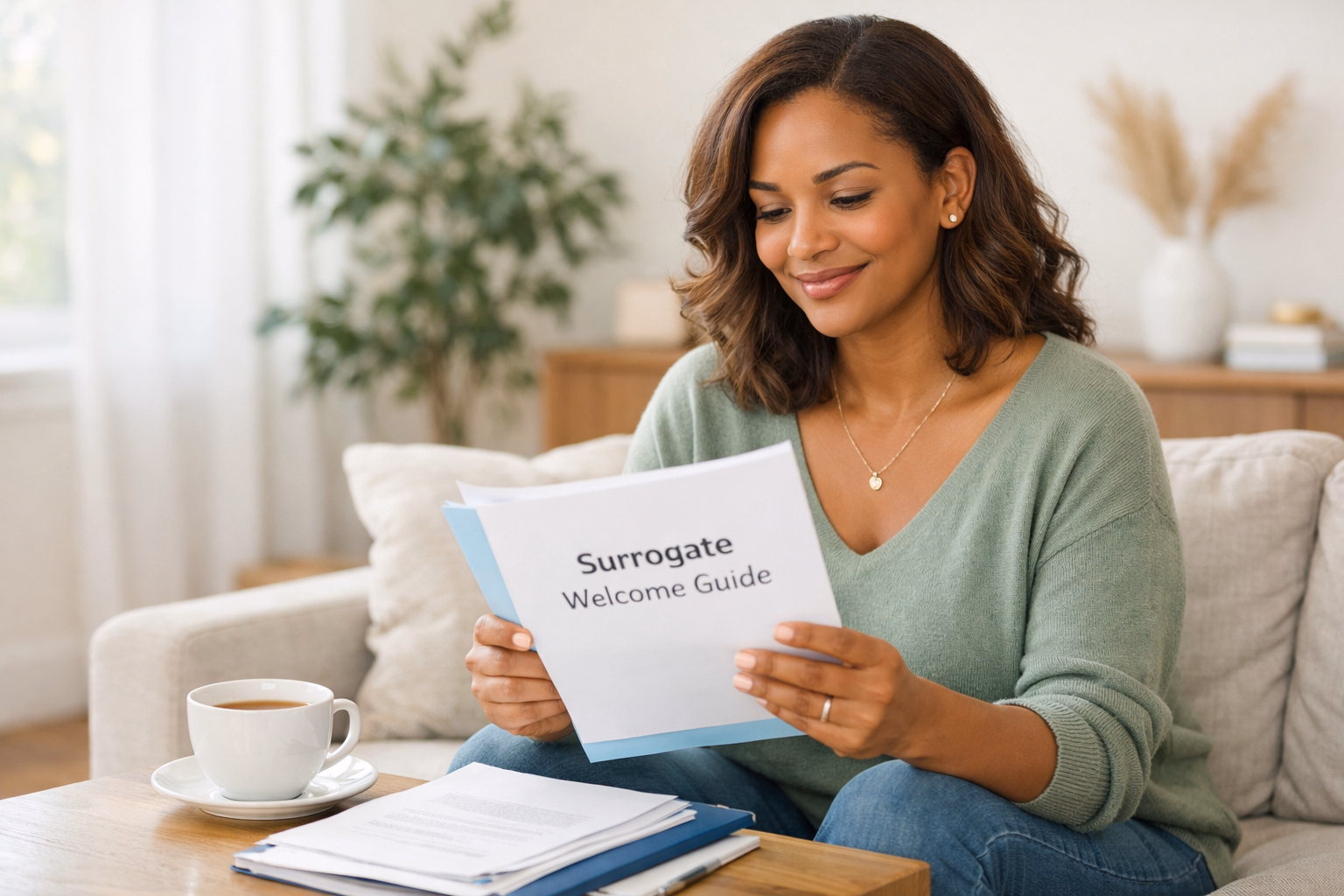 Confident woman reviewing compensation and support documents for surrogacy in California