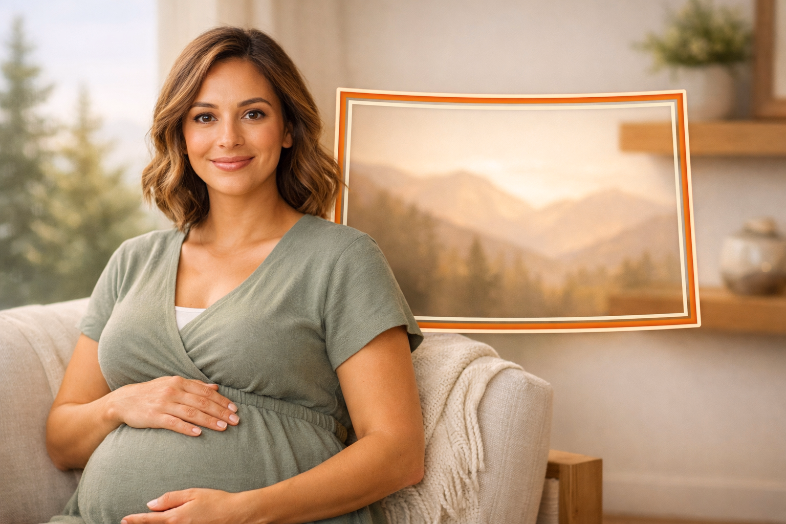 Become a Surrogate in Colorado Pregnant woman in a bright home setting with a subtle Colorado outline for the Colorado Surrogate page
