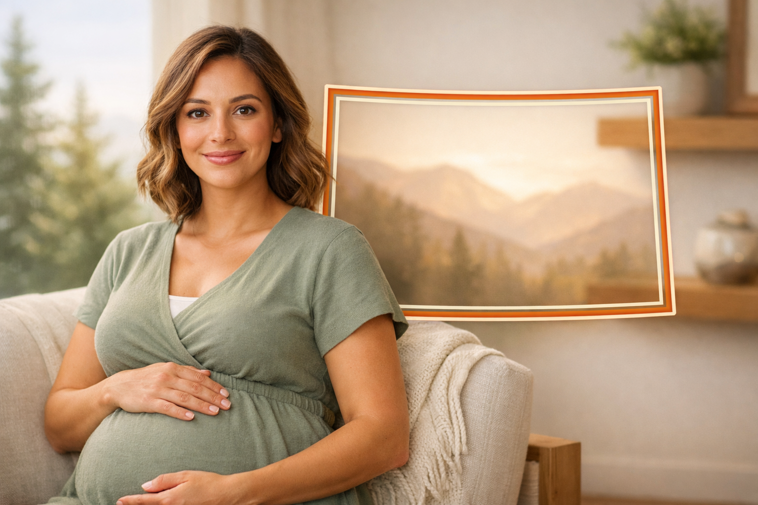 Pregnant woman in a bright home setting with a subtle Colorado outline for the Colorado Surrogate page