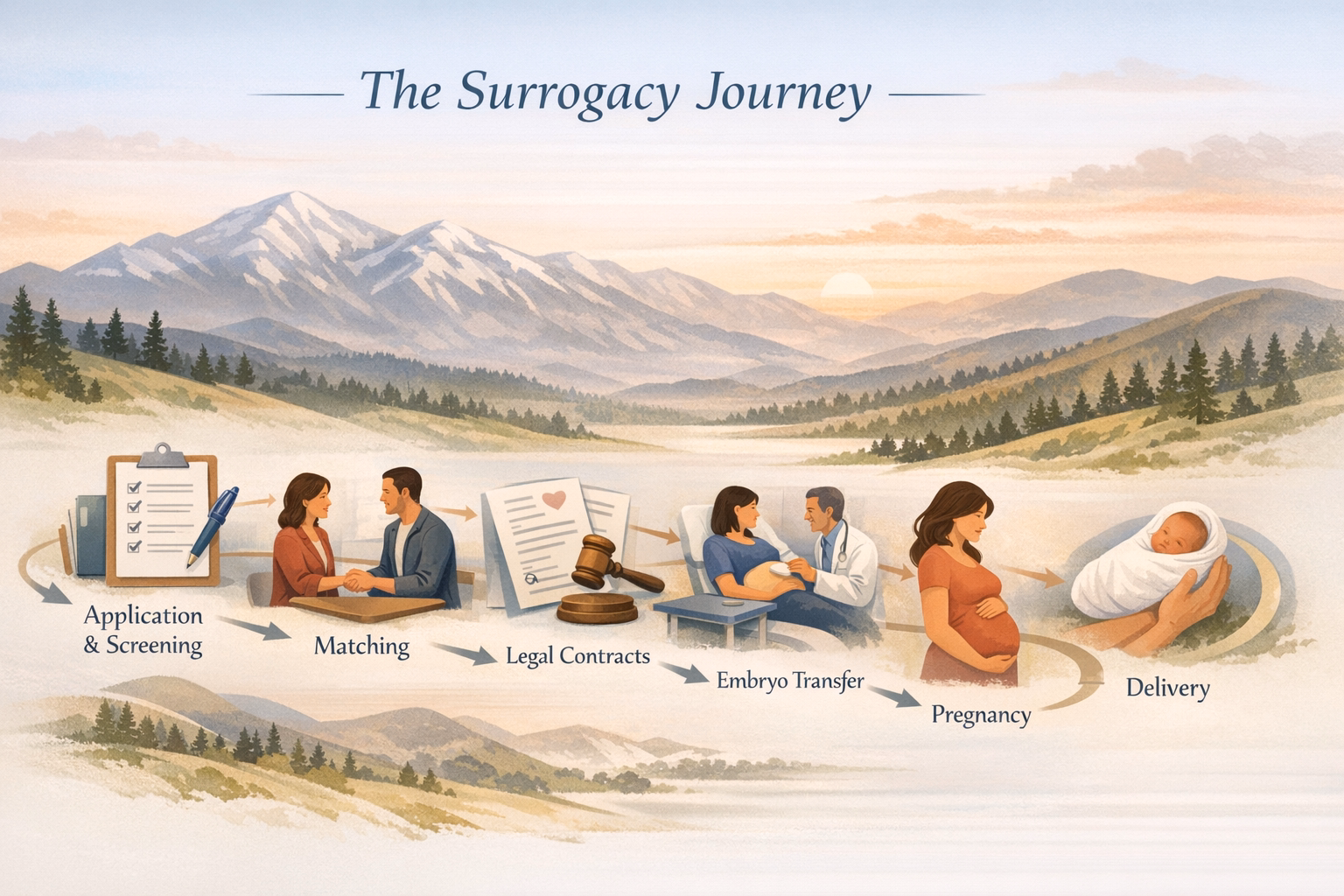 Colorado Surrogacy Process Planning-style visual showing the surrogacy process steps in Colorado from application through delivery