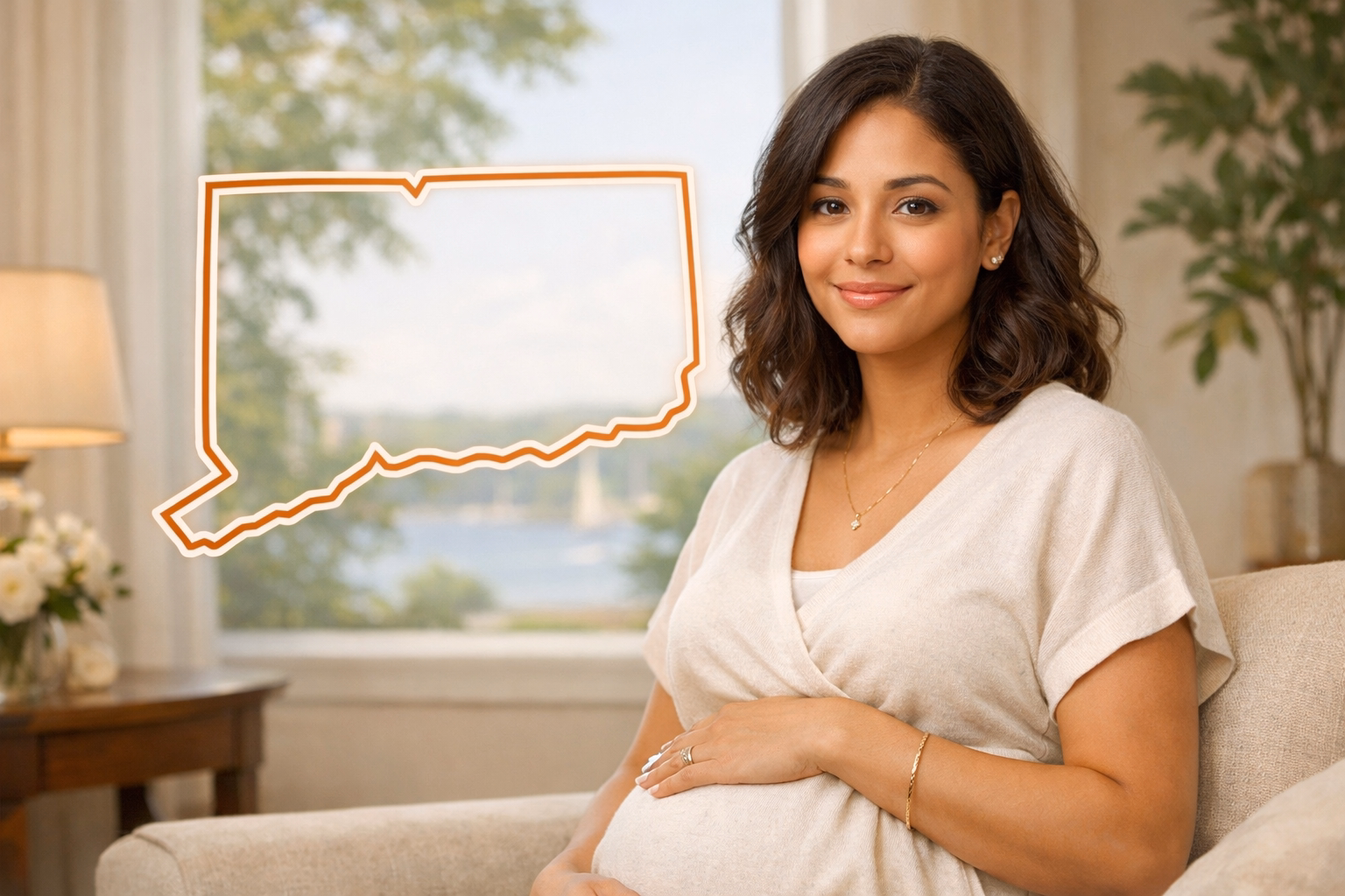 Pregnant woman in a bright home setting with a subtle Connecticut outline for the Connecticut Surrogate page