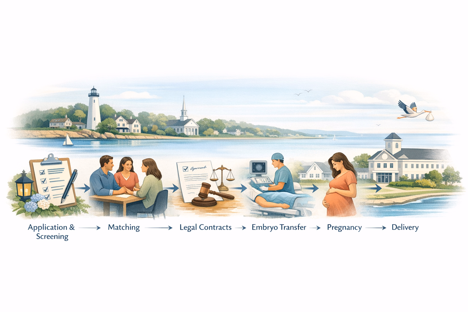 Planning-style visual showing the surrogacy process steps in Connecticut from application through delivery