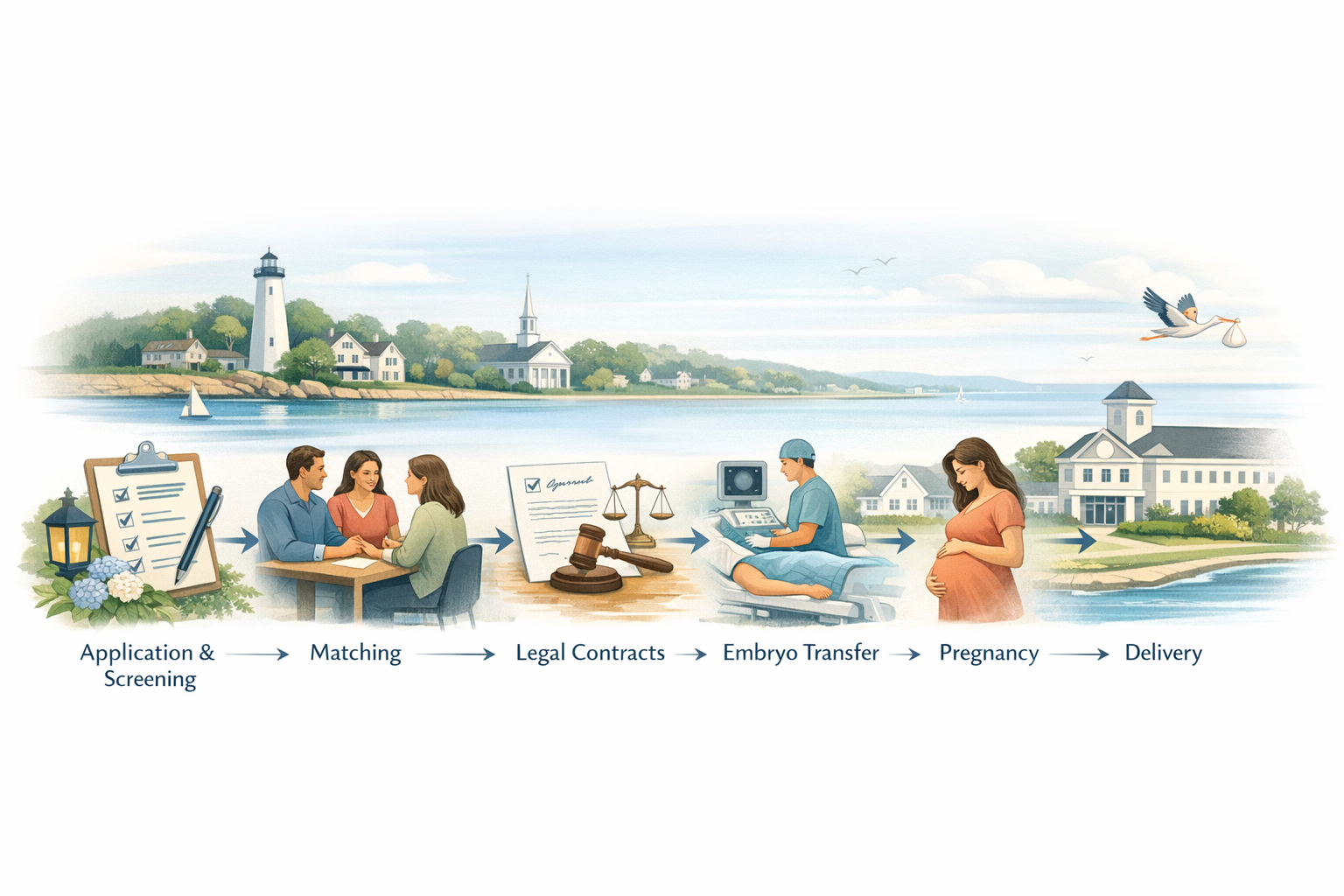 Planning-style visual showing the surrogacy process steps in Connecticut from application through delivery