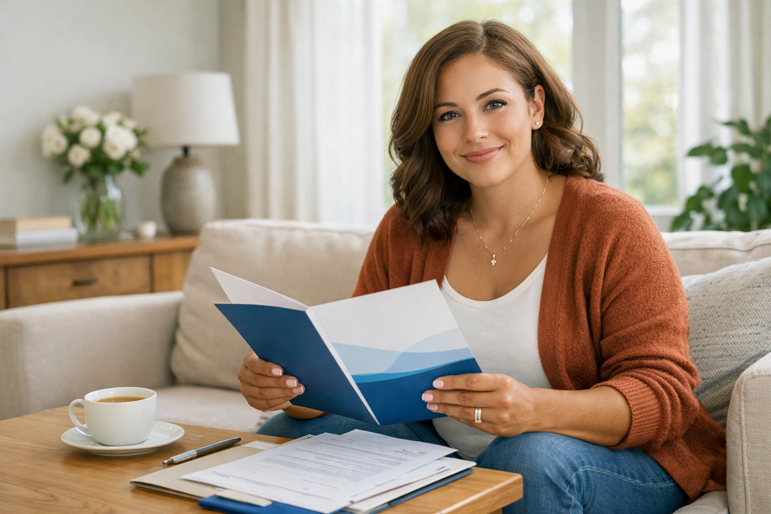 Confident woman reviewing compensation and support documents for surrogacy in Connecticut