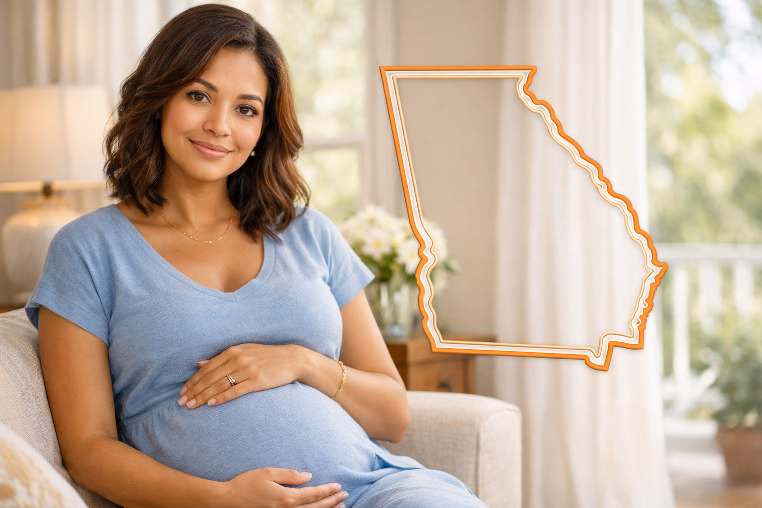 Pregnant woman in a bright home setting with a subtle Georgia outline for the Georgia Surrogate page