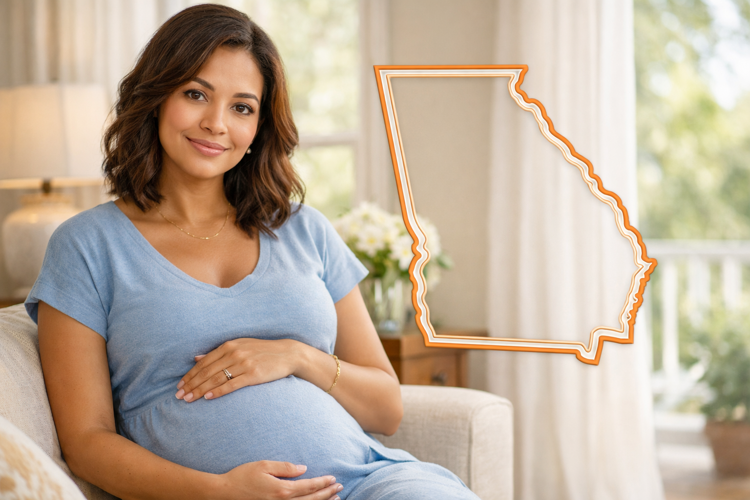 Become a Surrogate in Georgia Pregnant woman in a bright home setting with a subtle Georgia outline for the Georgia Surrogate page