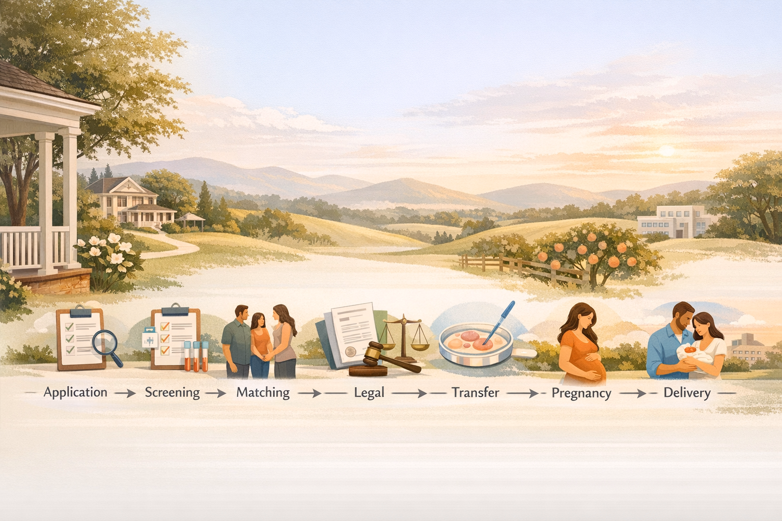 Planning-style visual showing the surrogacy process steps in Georgia from application through delivery