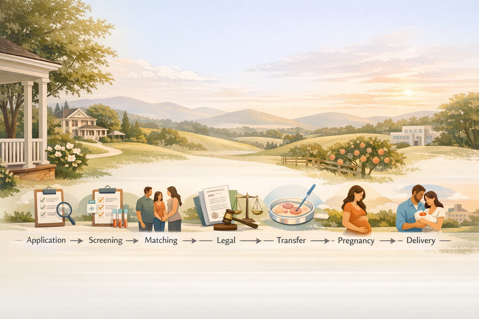 Georgia Surrogacy Process Planning-style visual showing the surrogacy process steps in Georgia from application through delivery