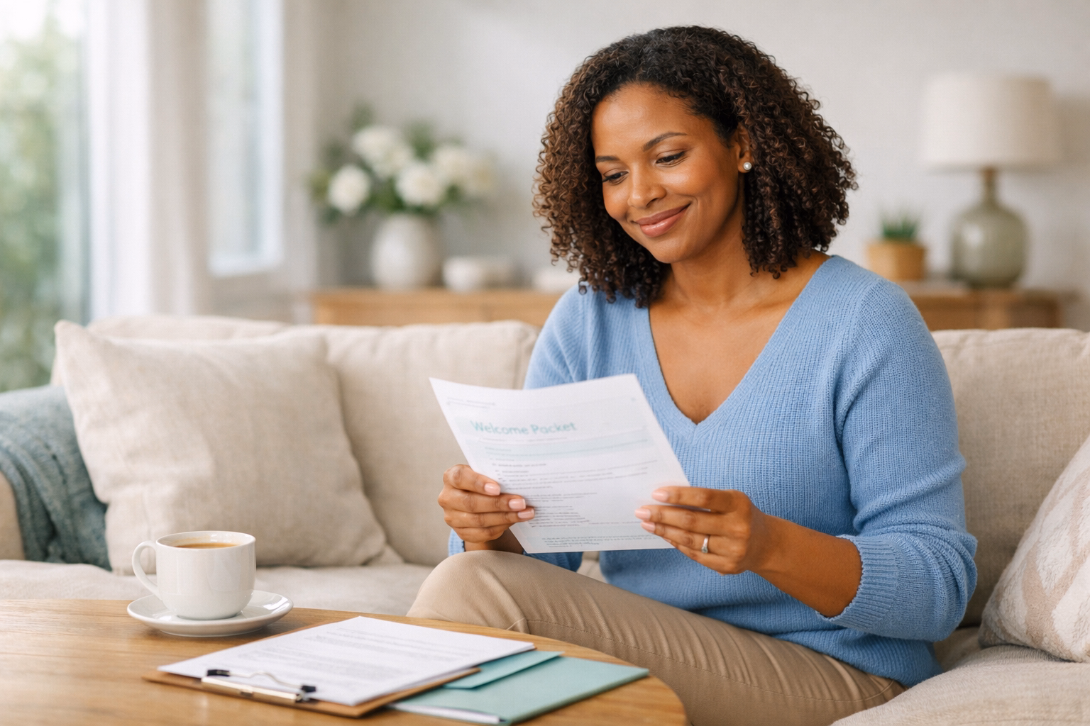 Confident woman reviewing compensation and support documents for surrogacy in Georgia