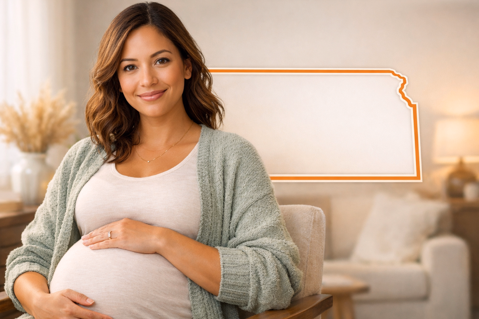 Become a Surrogate in Kansas Pregnant woman in a bright home setting with a subtle Kansas outline for the Kansas Surrogate page