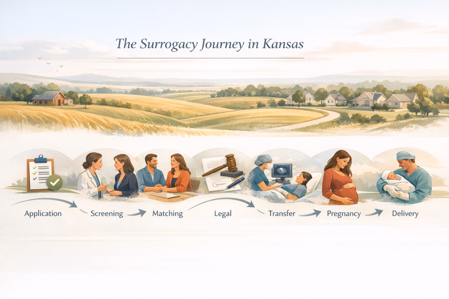 Kansas Surrogacy Process Planning-style visual showing the surrogacy process steps in Kansas from application through delivery