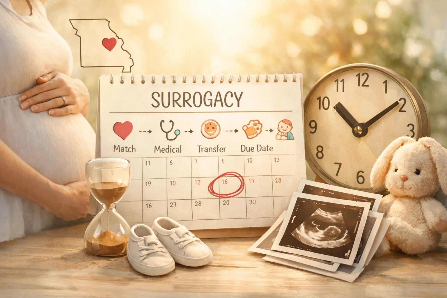 Missouri surrogacy timeline overview showing the stages and length of the surrogacy process