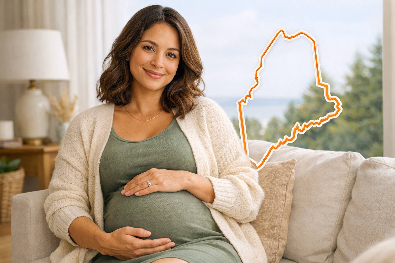Pregnant woman in a bright home setting with a subtle Maine outline for the Maine Surrogate page