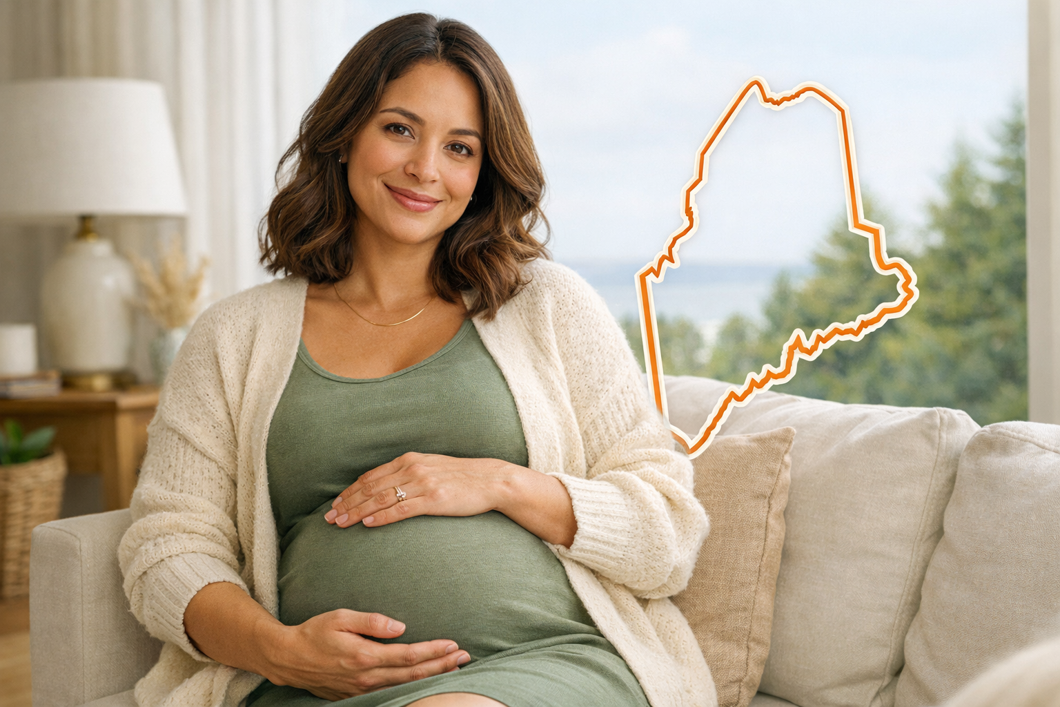 Become a Surrogate in Maine Pregnant woman in a bright home setting with a subtle Maine outline for the Maine Surrogate page