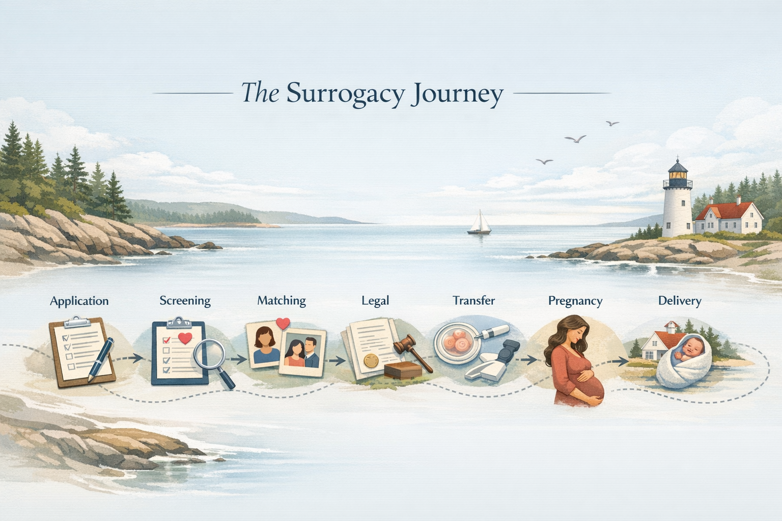 Maine Surrogacy Process Planning-style visual showing the surrogacy process steps in Maine from application through delivery