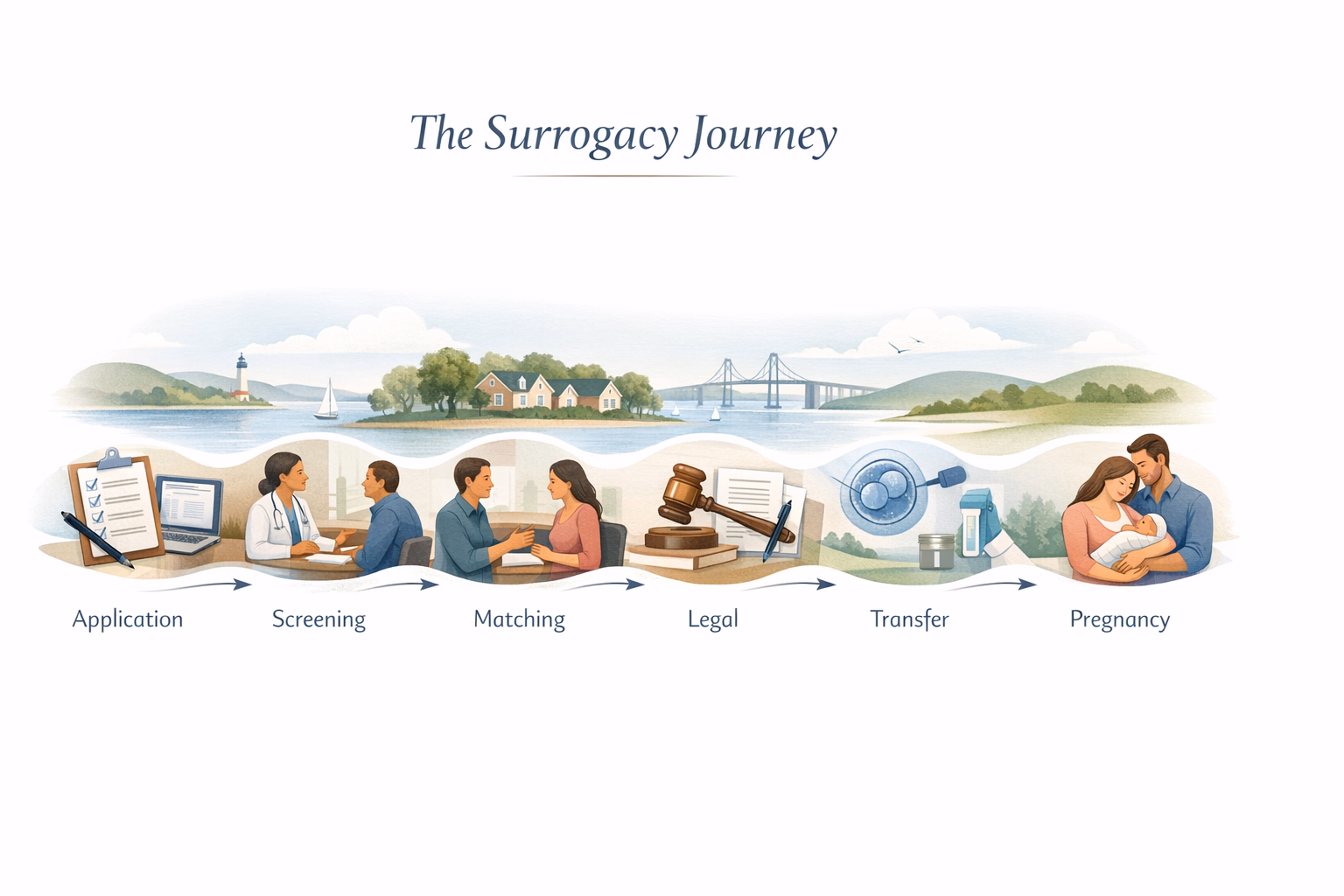 Planning-style visual showing the surrogacy process steps in Maryland from application through delivery