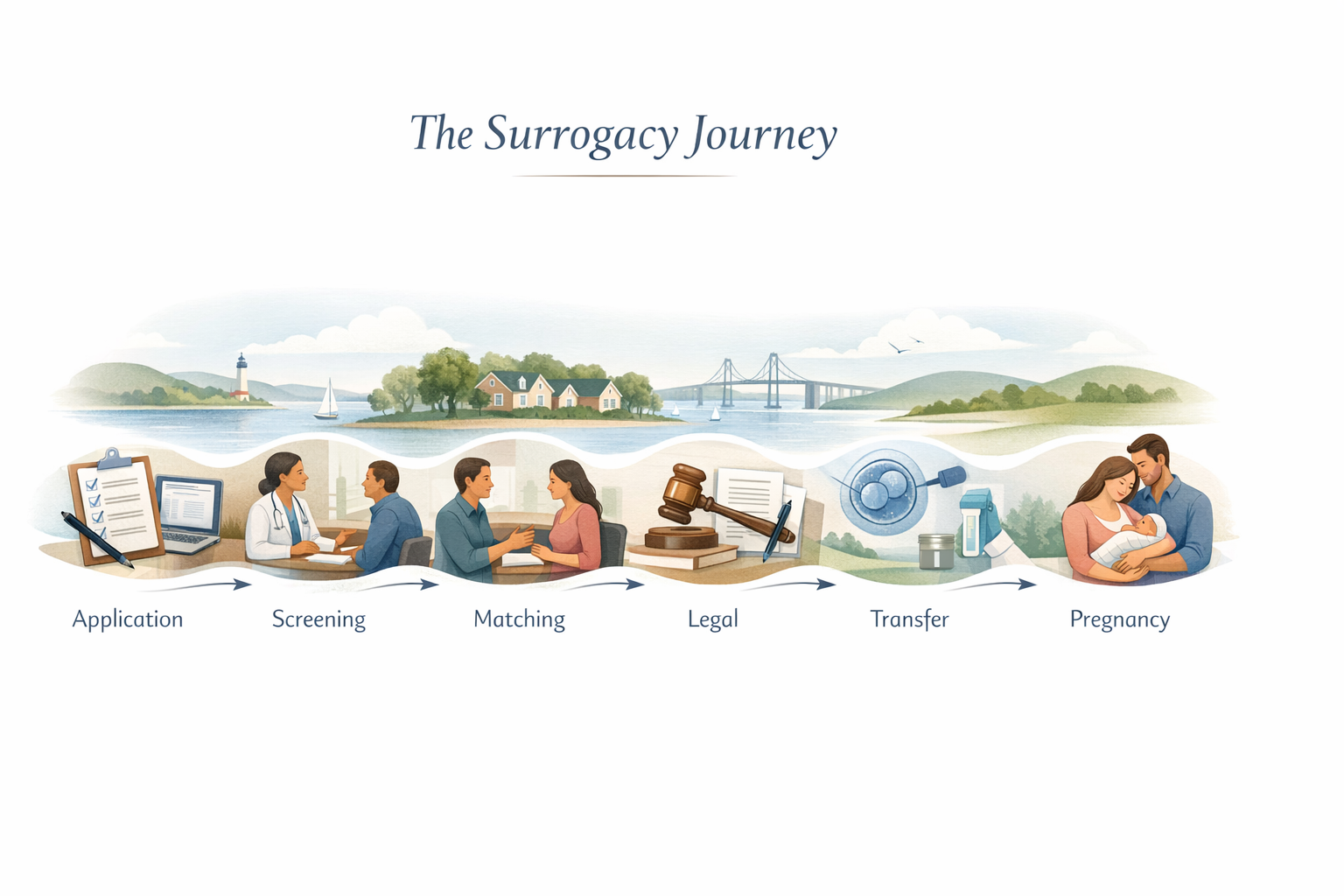 Maryland Surrogacy Process Planning-style visual showing the surrogacy process steps in Maryland from application through delivery
