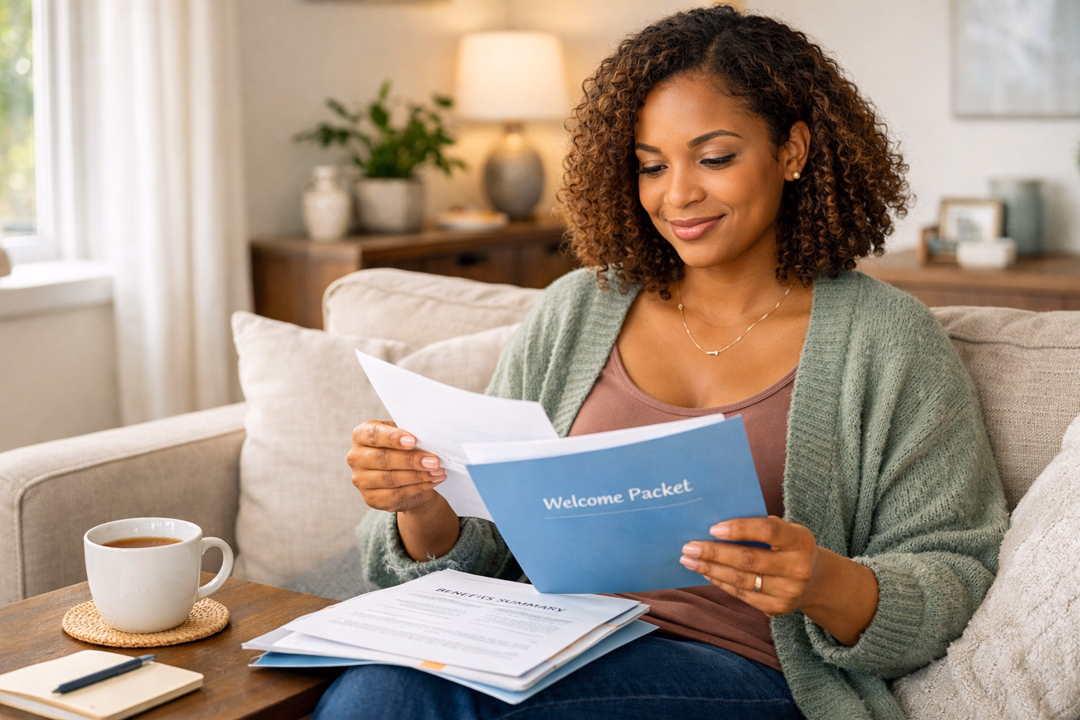 Confident woman reviewing compensation and support documents for surrogacy in Maryland