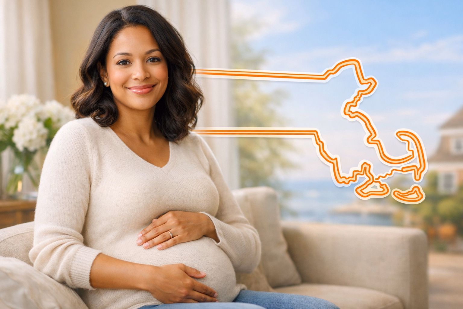 Pregnant woman in a bright home setting with a subtle Massachusetts outline for the Massachusetts Surrogate page