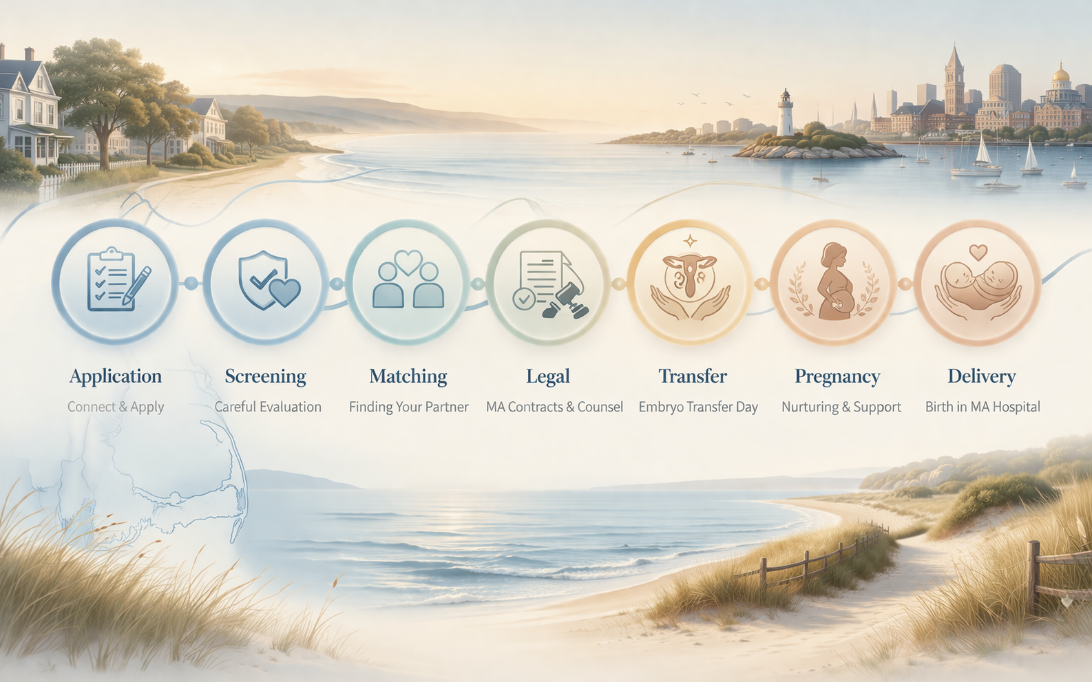 Massachusetts Surrogacy Process Planning-style visual showing the surrogacy process steps in Massachusetts from application through delivery