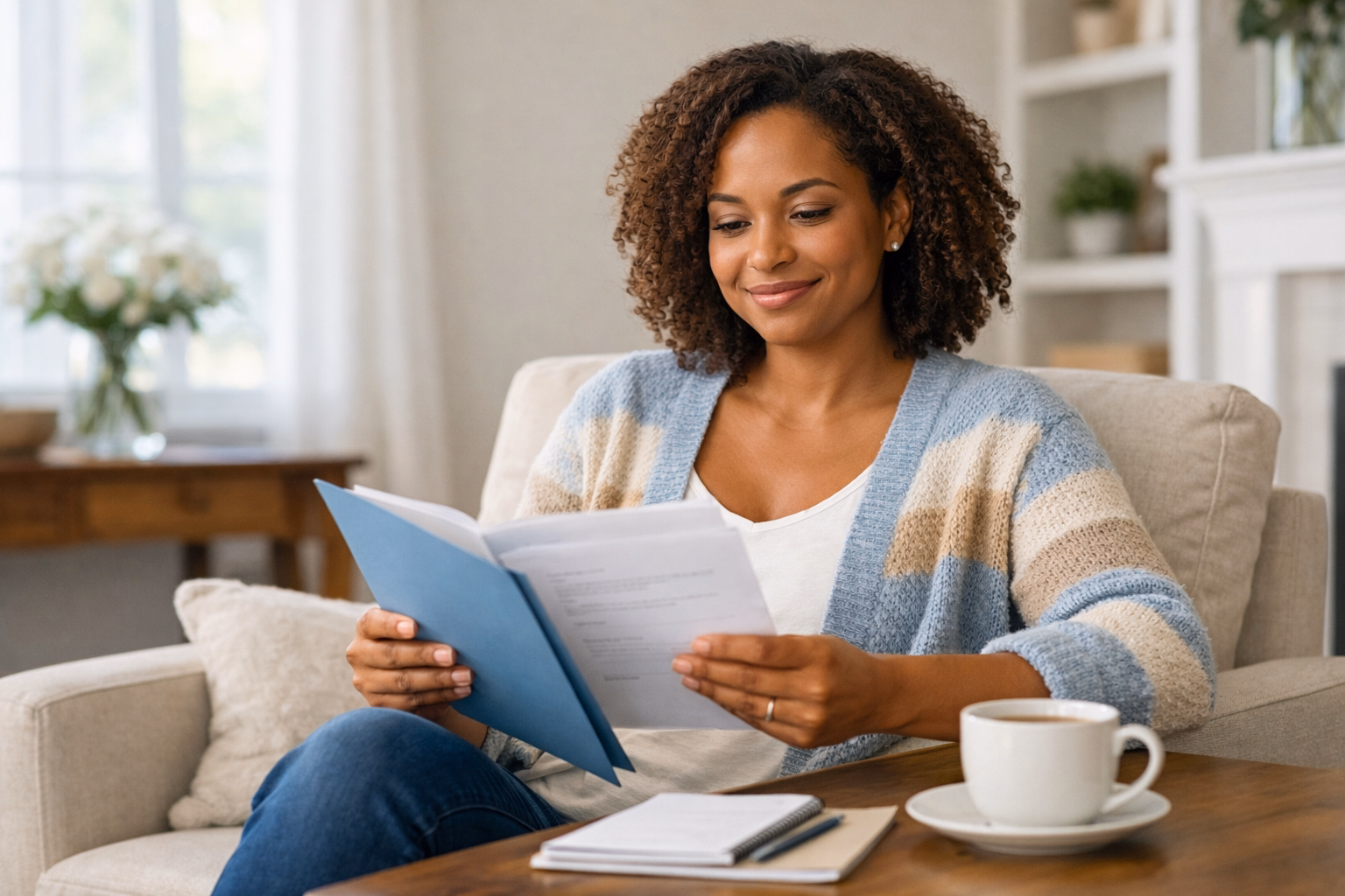 Confident woman reviewing compensation and support documents for surrogacy in Massachusetts