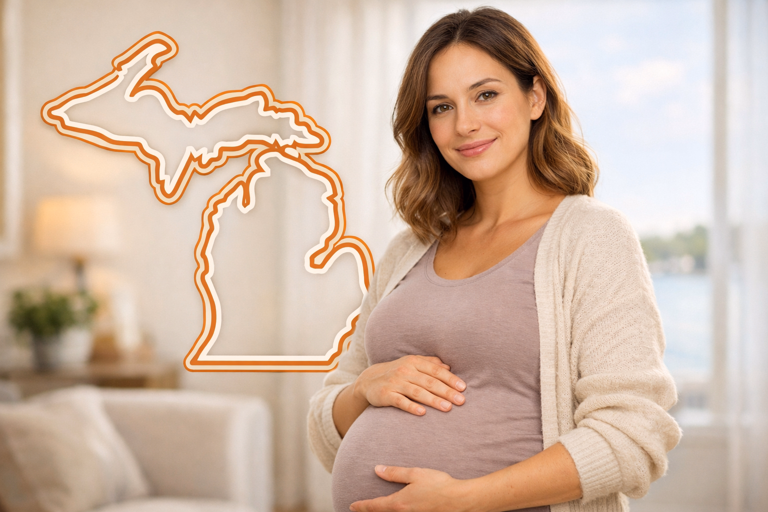 Pregnant woman in a bright home setting with a subtle Michigan outline for the Michigan Surrogate page