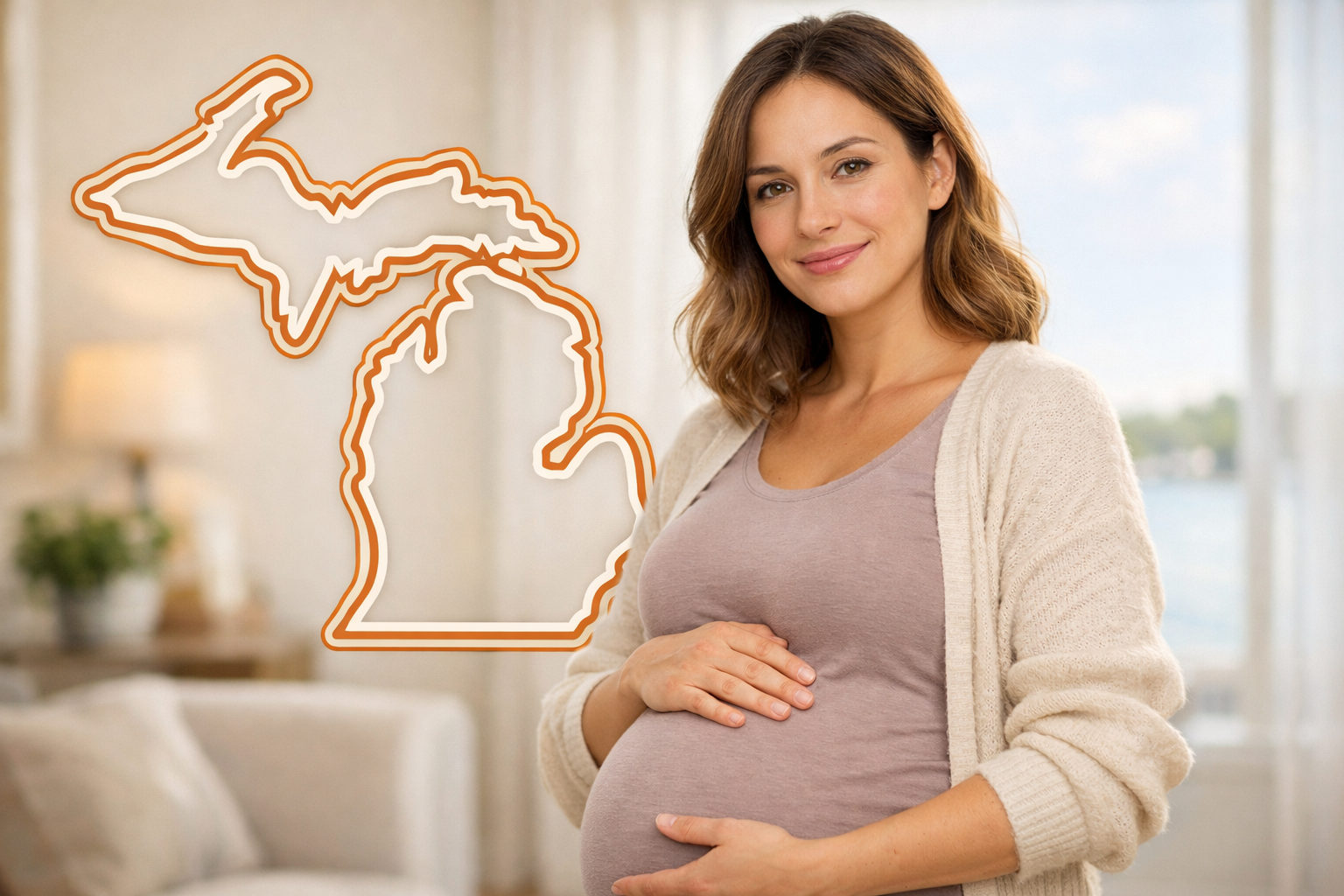 Pregnant woman in a bright home setting with a subtle Michigan outline for the Michigan Surrogate page