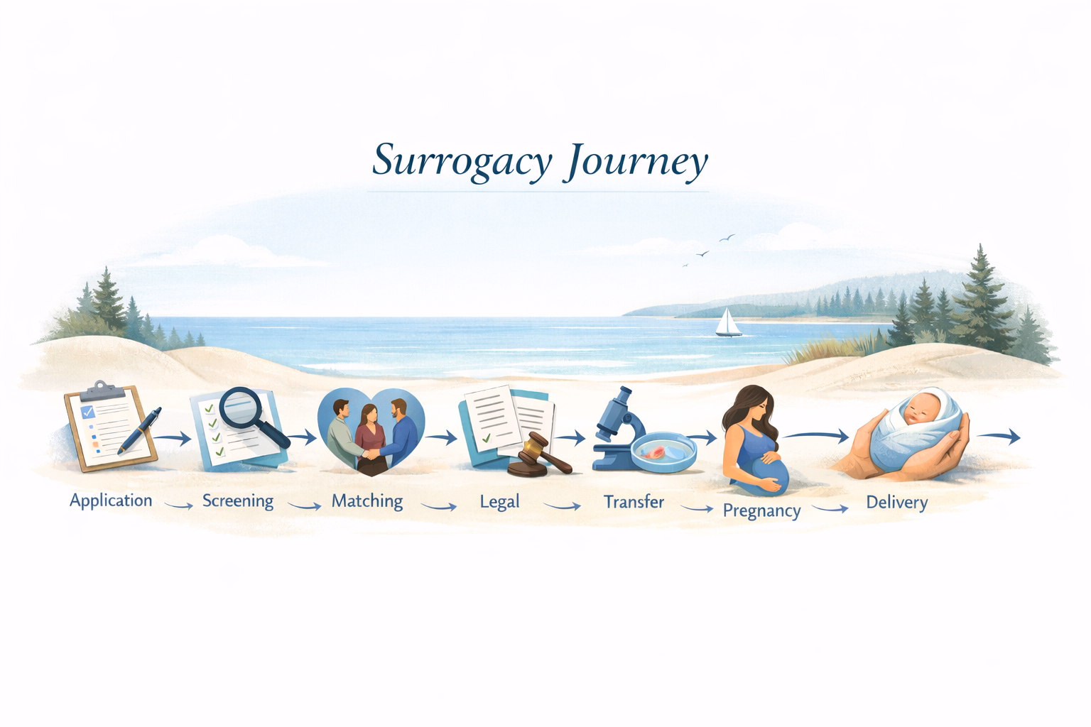 Planning-style visual showing the surrogacy journey steps in Michigan from application through delivery