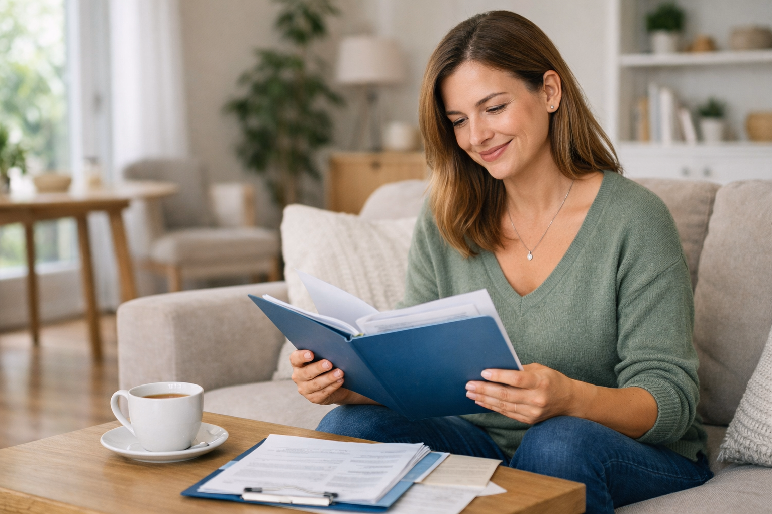 Confident woman reviewing compensation and support documents for surrogacy in Michigan