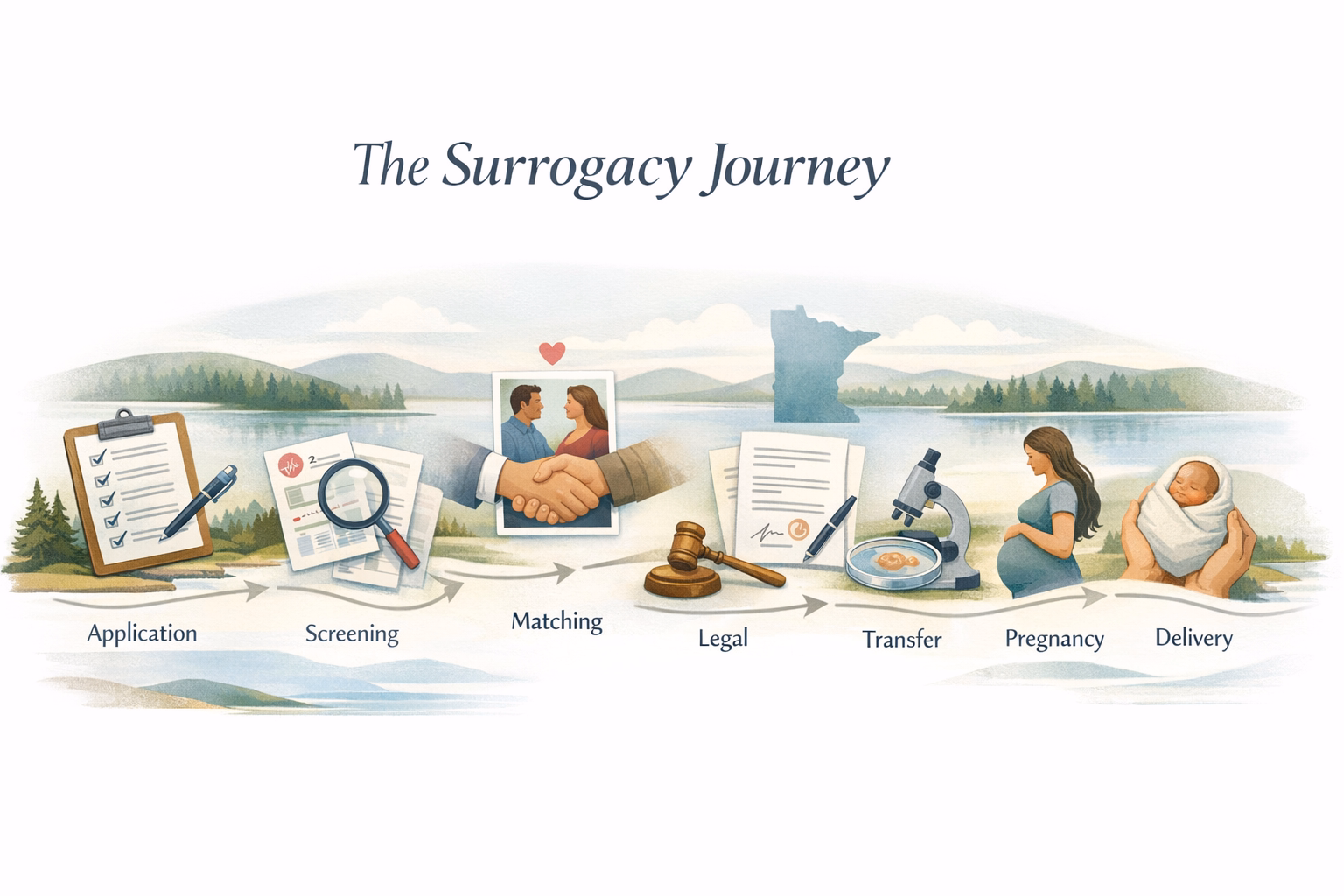 Planning-style visual showing the surrogacy process steps in Minnesota from application through delivery