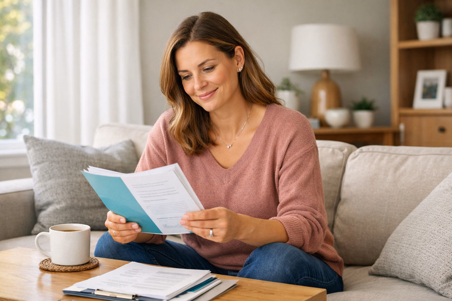 Confident woman reviewing compensation and support documents for surrogacy in Minnesota