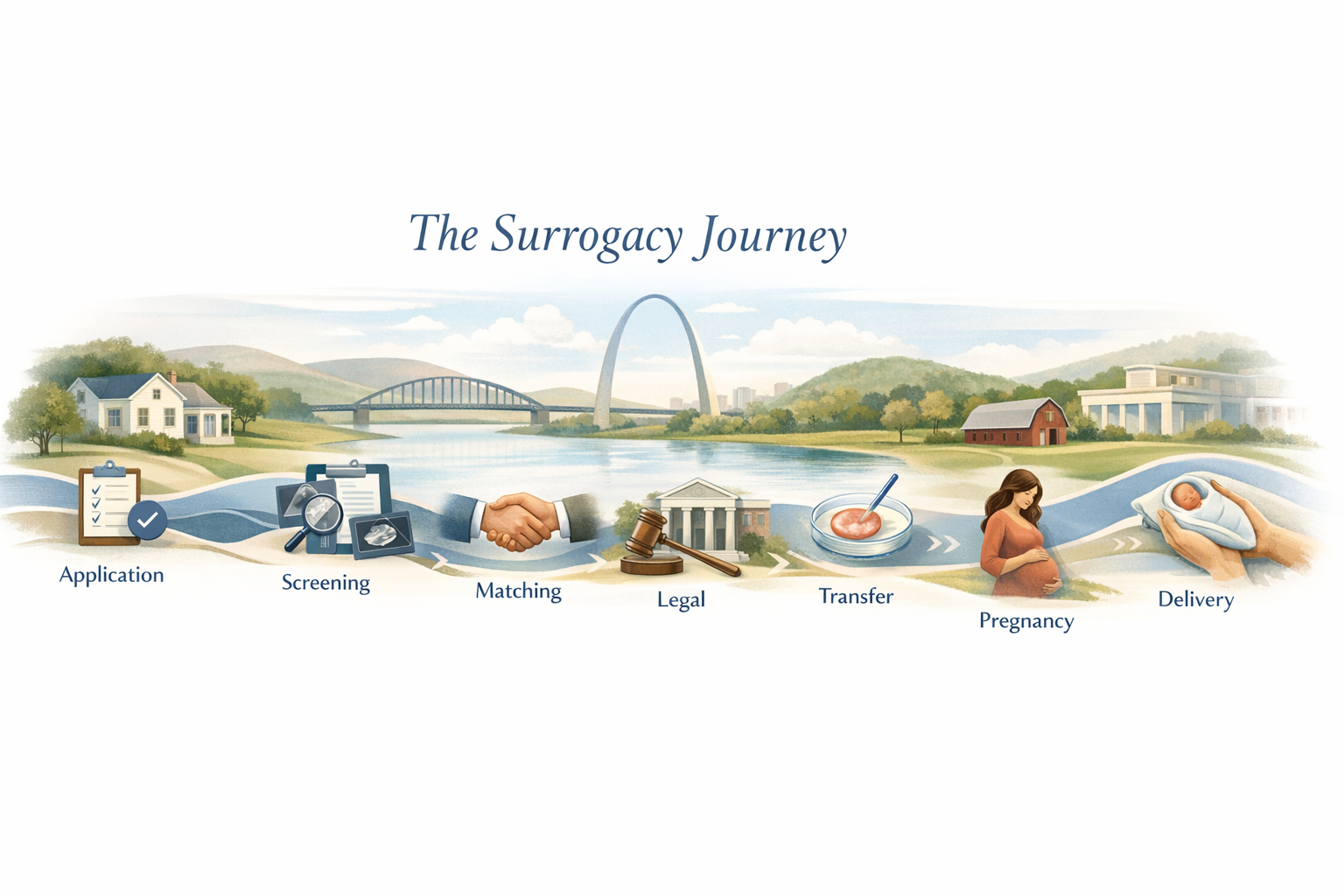 Missouri Surrogacy Process Planning-style visual showing the surrogacy process steps in Missouri from application through delivery