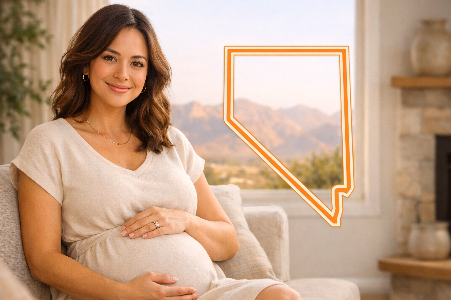 Pregnant woman in a bright home setting with a subtle Nevada outline for the Nevada Surrogate page