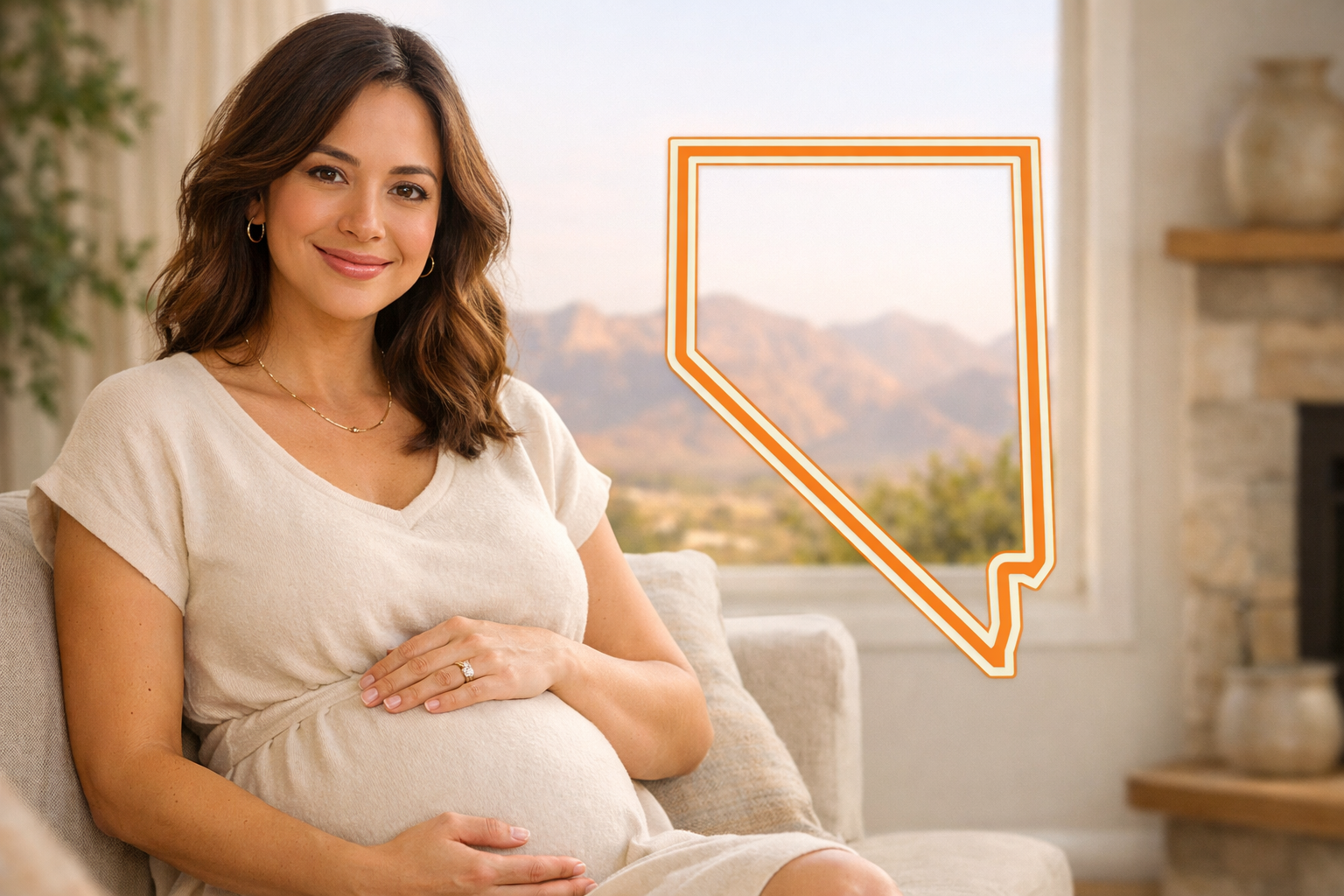 Pregnant woman in a bright home setting with a subtle Nevada outline for the Nevada Surrogate page