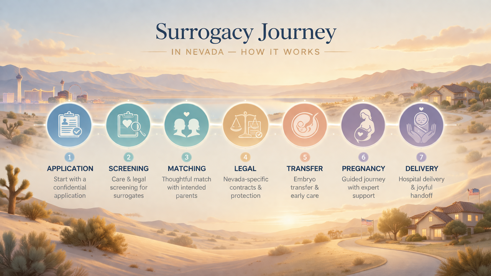 Planning-style visual showing the surrogacy process steps in Nevada from application through delivery