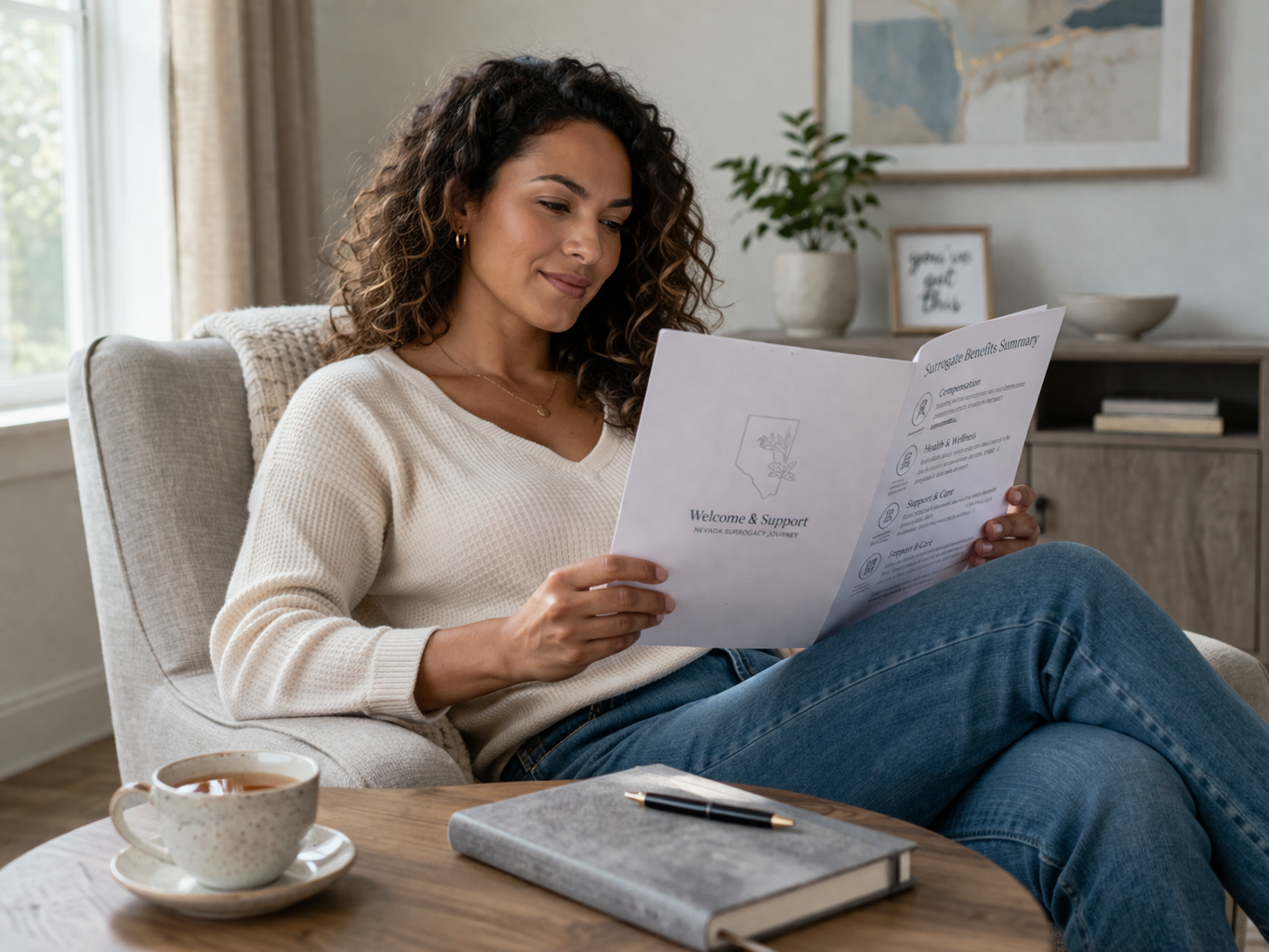 Confident woman reviewing compensation and support documents for surrogacy in Nevada