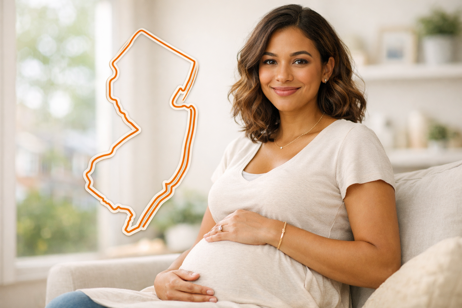 Become a Surrogate in New Jersey Pregnant woman in a bright home setting with a subtle New Jersey outline for the New Jersey Surrogate page