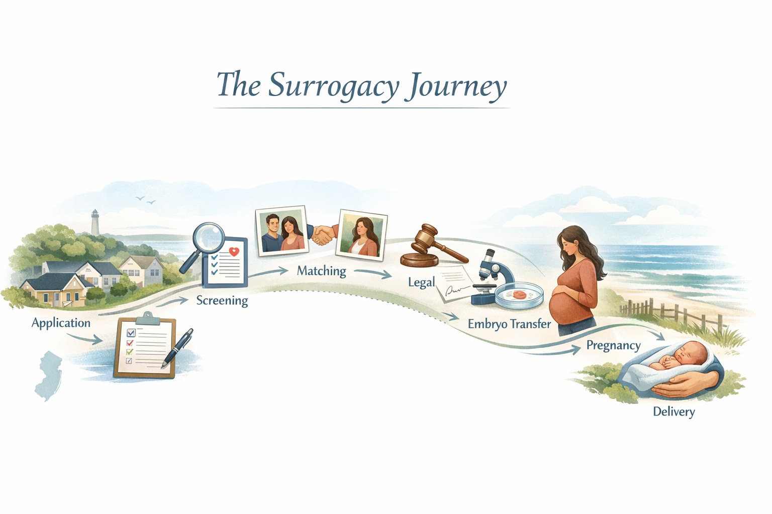 New Jersey Surrogacy Process Planning-style visual showing the surrogacy process steps in New Jersey from application through delivery