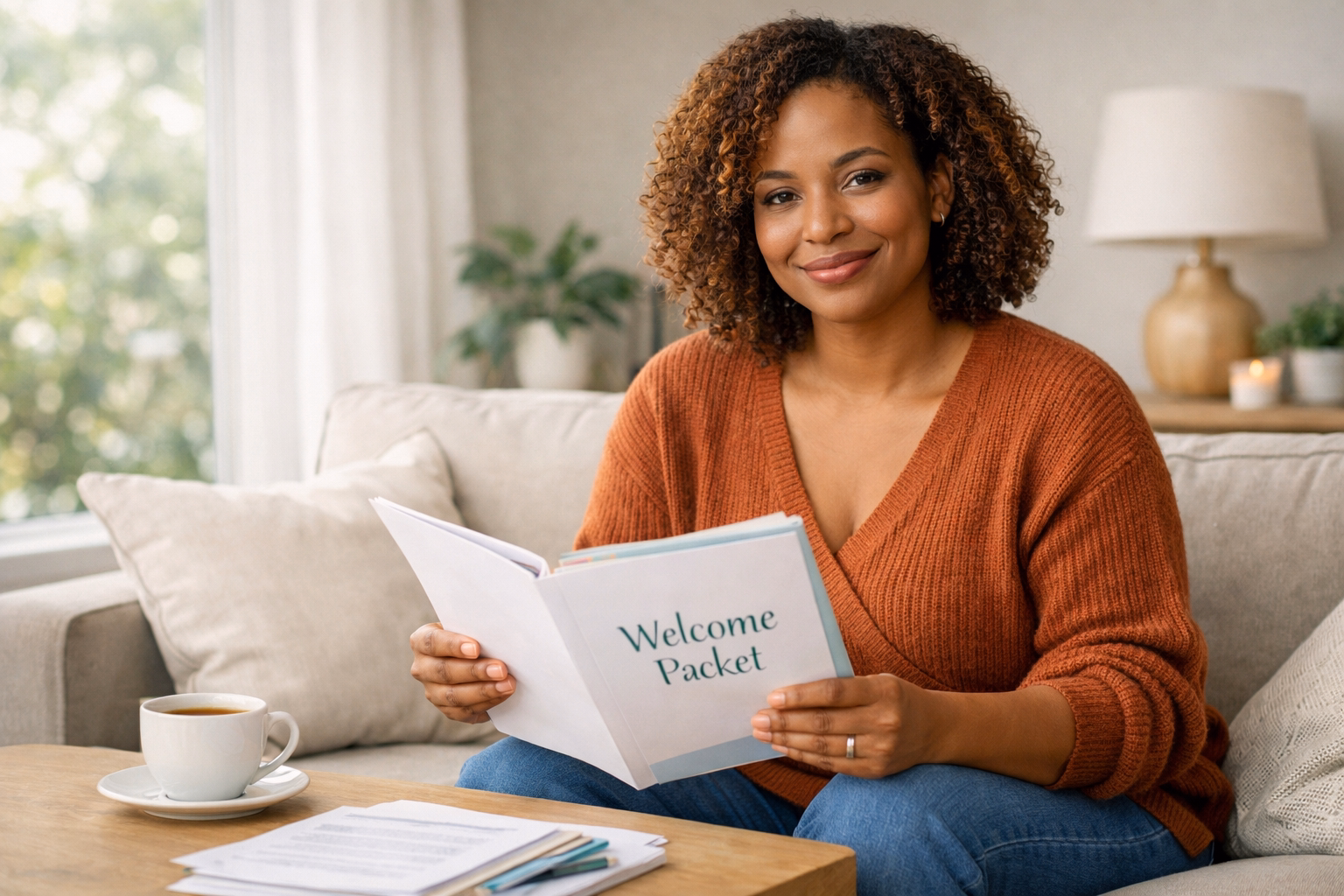 Confident woman reviewing compensation and support documents for surrogacy in New Jersey