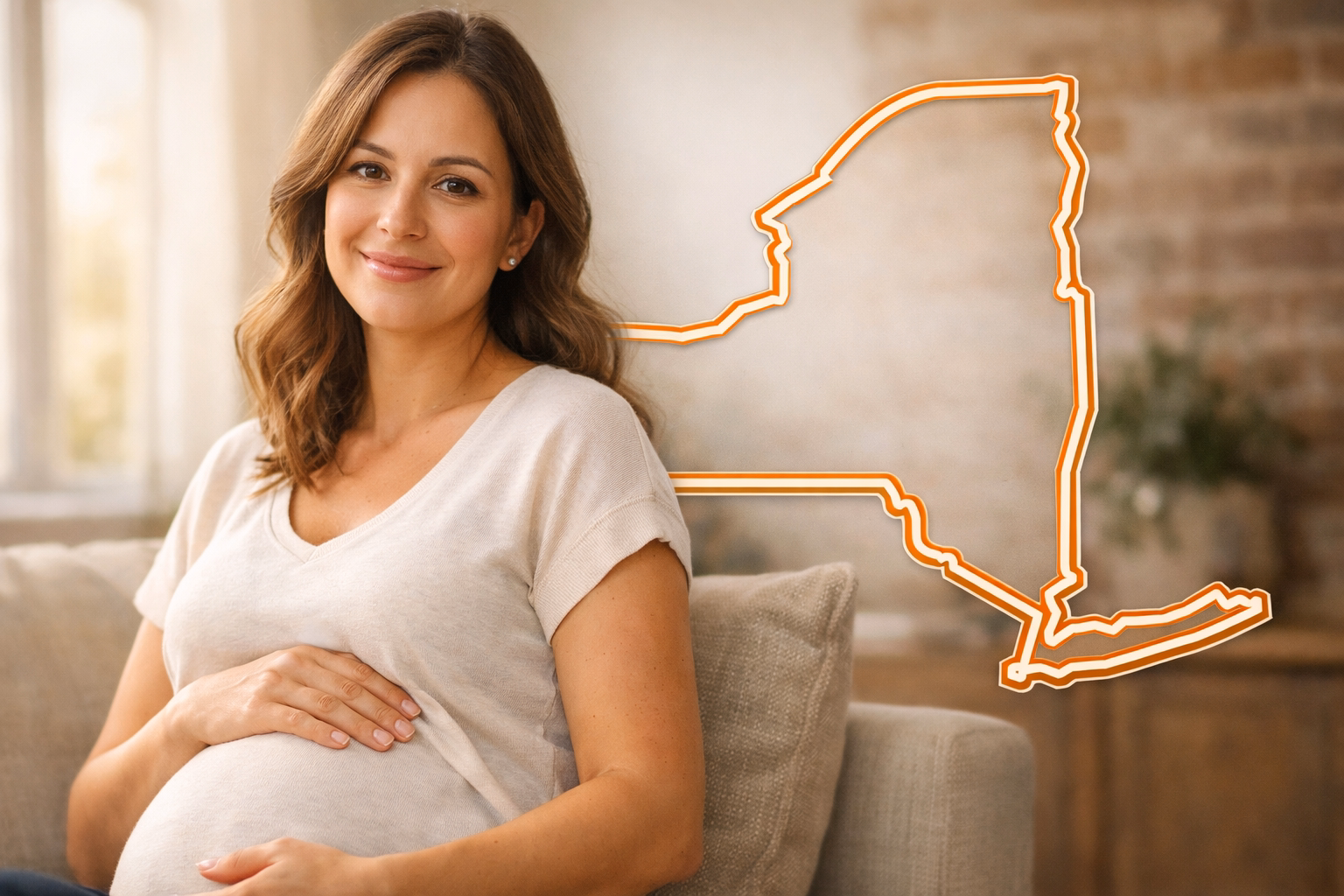 Pregnant woman in a bright home setting with a subtle New York outline for the New York Surrogate page