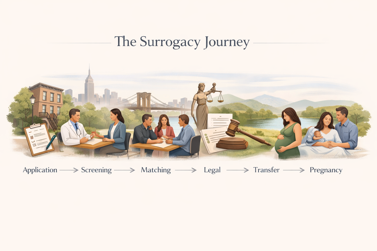 Planning-style visual showing the surrogacy process steps in New York from application through delivery