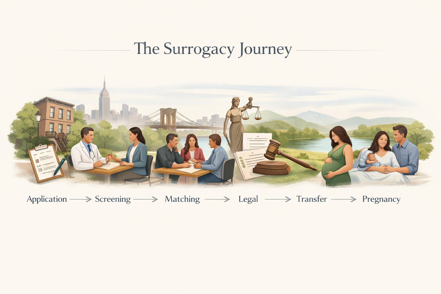 Planning-style visual showing the surrogacy process steps in New York from application through delivery