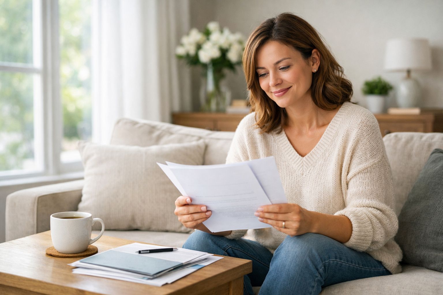 Confident woman reviewing compensation and support documents for surrogacy in New York