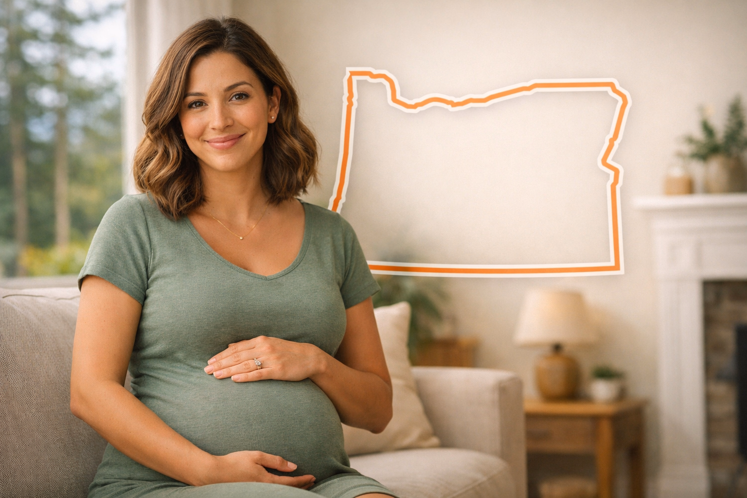 Pregnant woman in a bright home setting with a subtle Oregon outline for the Oregon Surrogate page