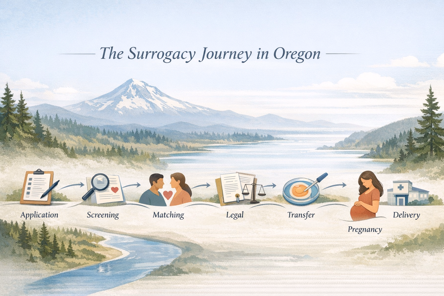 Planning-style visual showing the surrogacy process steps in Oregon from application through delivery