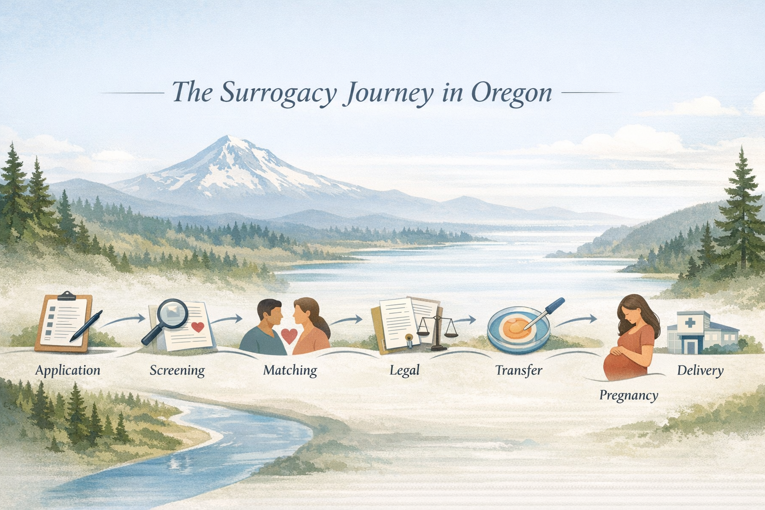 Oregon Surrogacy Process Planning-style visual showing the surrogacy process steps in Oregon from application through delivery