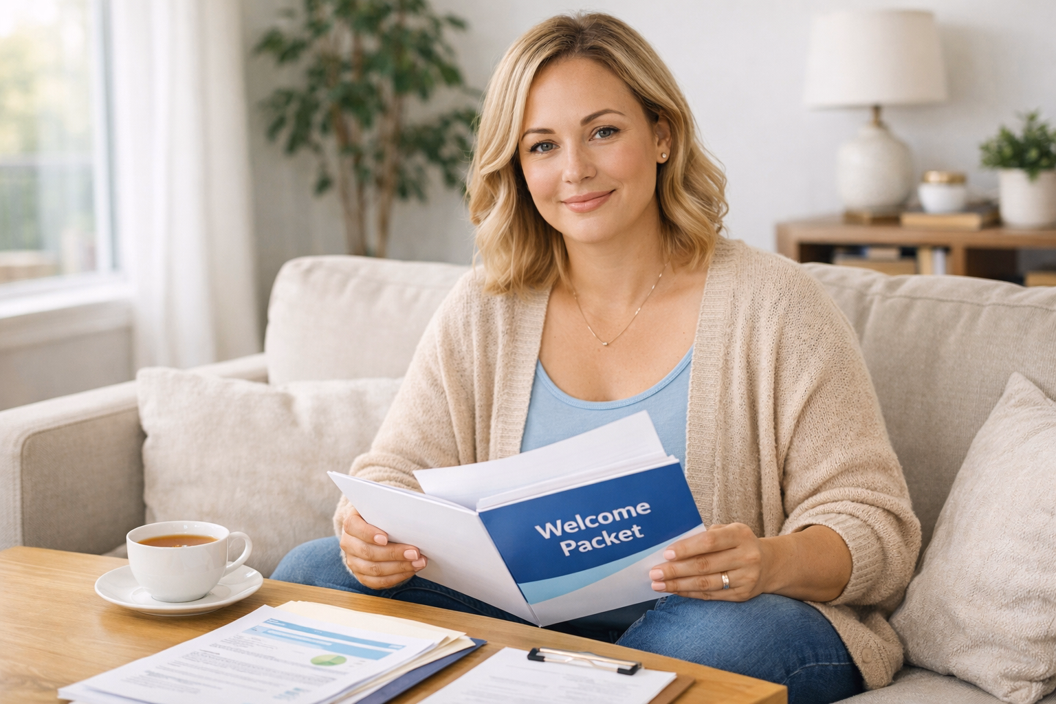 Confident woman reviewing compensation and support documents for surrogacy in Oregon