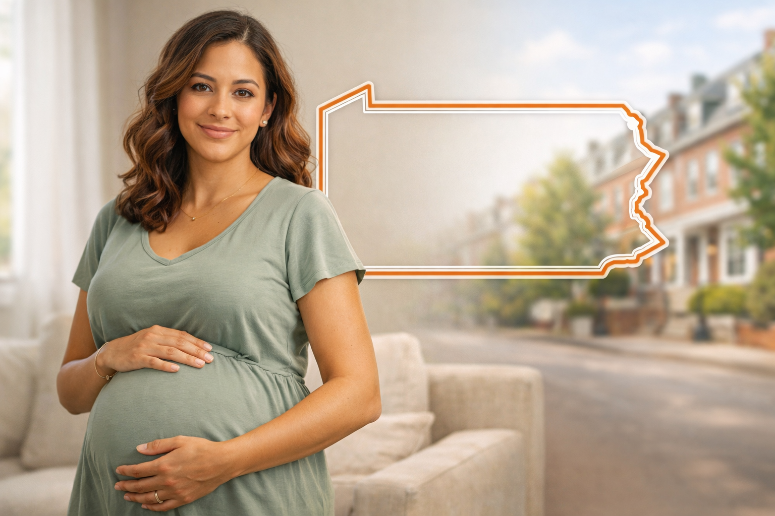 Become a Surrogate in Pennsylvania Pregnant woman in a bright home setting with a subtle Pennsylvania outline for the Pennsylvania Surrogate page